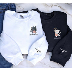 Matching Sweatshirt For Couple, Custom Embroidered Anime Cat Crewneck, Anniversary Gift For Couple