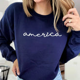 Embroidered America Script Sweatshirt or Hoodie – 4th of July Minimal Patriotic Apparel