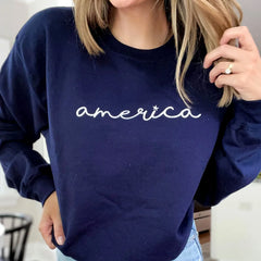 Embroidered America Script Sweatshirt or Hoodie – 4th of July Minimal Patriotic Apparel