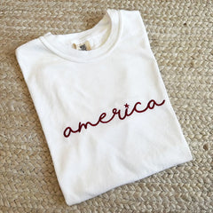 Embroidered America Script Sweatshirt or Hoodie – 4th of July Minimal Patriotic Apparel