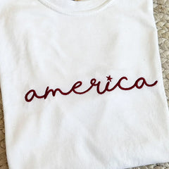 Embroidered America Script Sweatshirt or Hoodie – 4th of July Minimal Patriotic Apparel