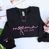 Mama Embroidered Sweatshirt or Hooide with Coquette Bow and Kids Names on Sleeve, Custom Gift for Mama Mother's Day