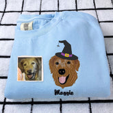 Comfort Colors Custom Embroidered Dog Portrait with Halloween Witch Hat Portrait T-Shirt or Sweatshirt