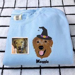 Comfort Colors Custom Embroidered Dog Portrait with Halloween Witch Hat Portrait T-Shirt or Sweatshirt