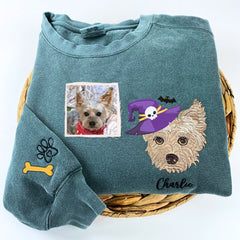 Comfort Colors Custom Embroidered Dog Portrait with Halloween Witch Hat Portrait T-Shirt or Sweatshirt