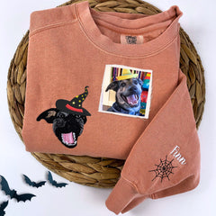 Comfort Colors Custom Embroidered Dog Portrait with Halloween Witch Hat Portrait T-Shirt or Sweatshirt