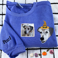 Comfort Colors Custom Embroidered Dog Portrait with Halloween Witch Hat Portrait T-Shirt or Sweatshirt