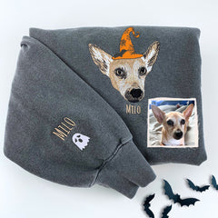 Comfort Colors Custom Embroidered Dog Portrait with Halloween Witch Hat Portrait T-Shirt or Sweatshirt