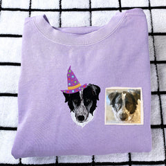 Comfort Colors Custom Embroidered Dog Portrait with Halloween Witch Hat Portrait T-Shirt or Sweatshirt