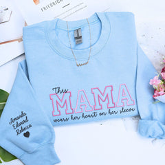 Custom Mother's Day Gift With Embroidered This Mama Wears Her Heart on Her Sleeve Sweatshirt or Hoodie