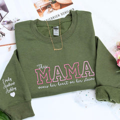 Custom Mother's Day Gift With Embroidered This Mama Wears Her Heart on Her Sleeve Sweatshirt or Hoodie