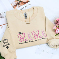 Custom Mother's Day Gift With Embroidered This Mama Wears Her Heart on Her Sleeve Sweatshirt or Hoodie