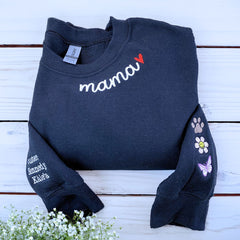 Custom Mama Embroidered Sweatshirt with Kids Names on Sleeve, Personalized Gift for Moms, Hers