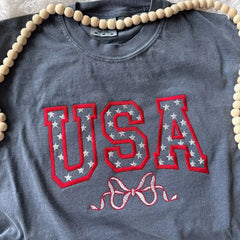 Embroidered Star-Filled USA Bow Sweatshirt - 4th of July Patriotic Apparel