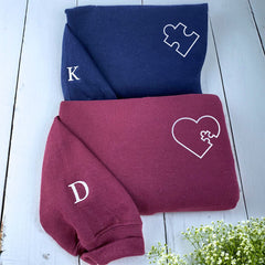 Heart Puzzle Hoodie or Sweatshirt, Custom Embroidered Valentine Gift For Wife Husband
