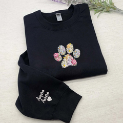 Custom Embroidered Pet Paw Sweatshirt, Floral Embroidered Letters Crewneck, Best Gift For Pet Owner