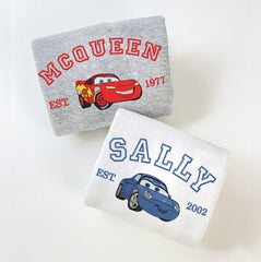 Artoon Cars Movie Embroidered Sweatshirt, McQueen Sally Mater Trending Crewneck, Cartoon Sweatshirts, Gift For Her