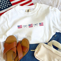 Embroidered American Flag & Bow Sweatshirt or T-Shirt – 4th of July Patriotic Apparel