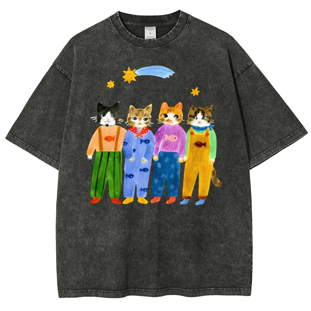 Vintage Watercolor Cats Oversized Washed T‑Shirt Sweatshirt hoodie
