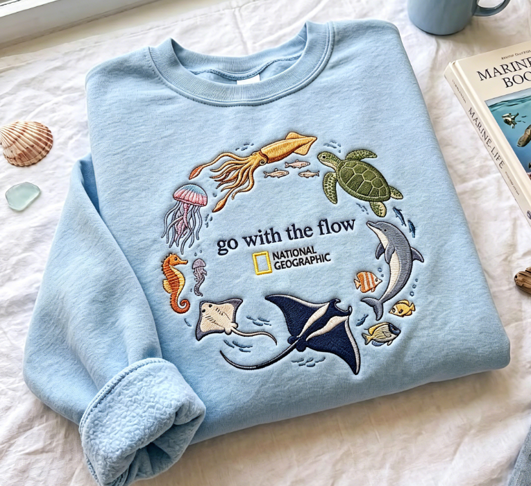 Go With The Flow Marine Life Embroidered Sweatshirt, Sea Turtle Dolphin Jellyfish Ocean Animal Crewneck