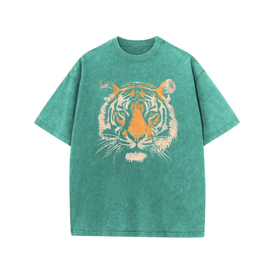 Vintage Tiger Head Graphic Washed T‑Shirt