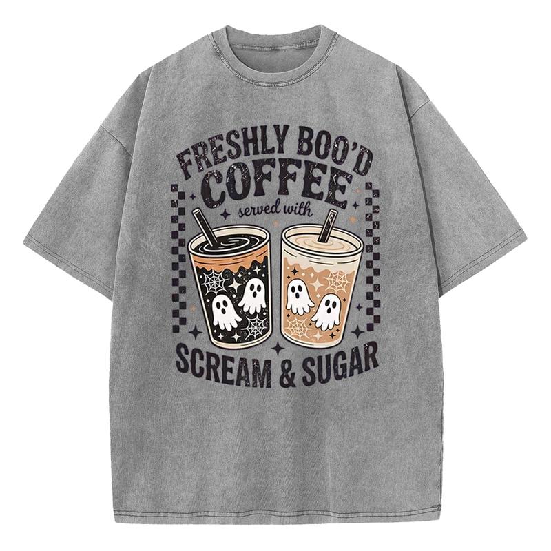 Freshly Boo'd Coffee Scream & Sugar Halloween T-Shirt, Retro Ghost Iced Coffee Vintage Washed Tee