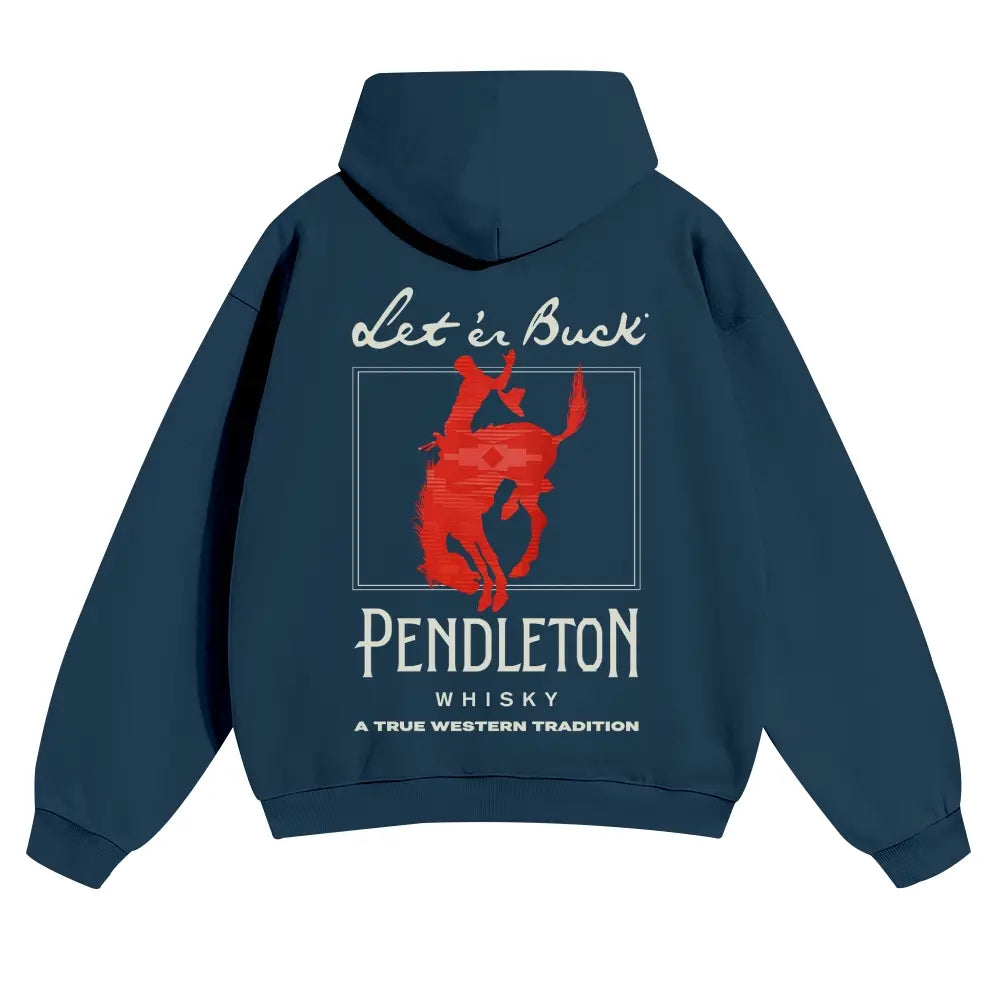 Let ‘er Buck Pendleton Whisky Western Hoodie tee, Vintage Cowboy Bucking Horse Graphic Navy Unisex Hooded Sweatshirt