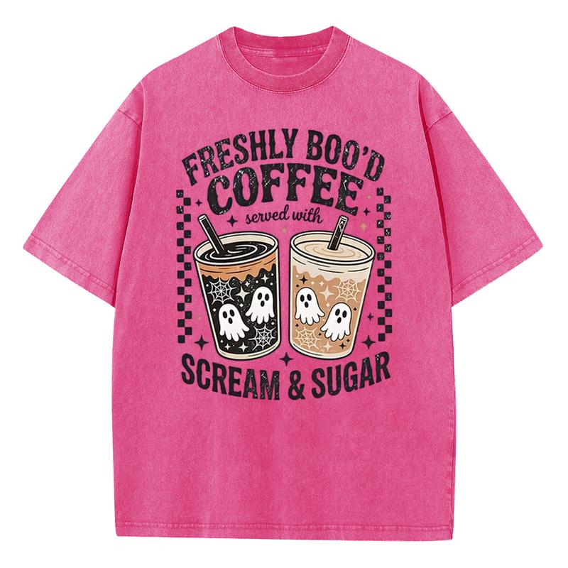 Freshly Boo'd Coffee Scream & Sugar Halloween T-Shirt, Retro Ghost Iced Coffee Vintage Washed Tee