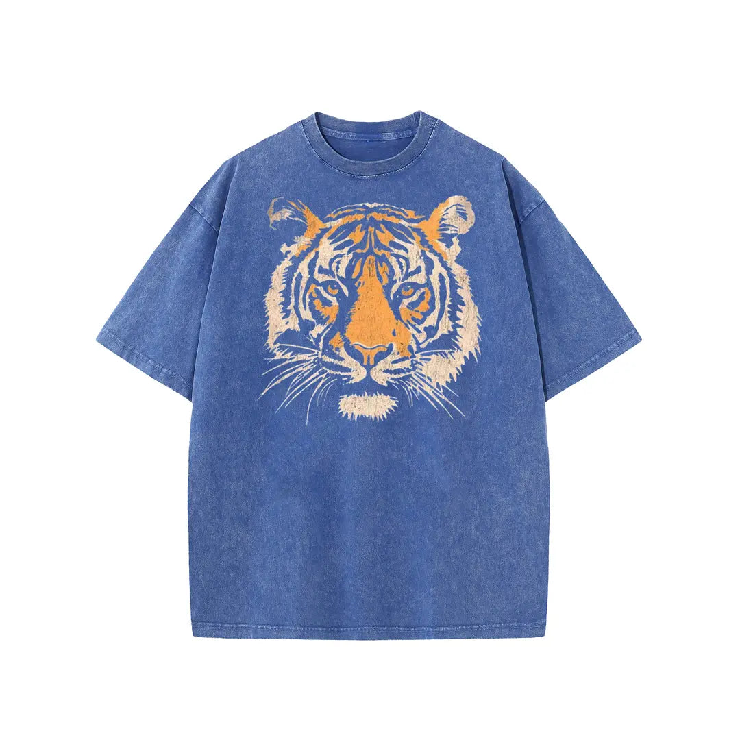 Vintage Tiger Head Graphic Washed T‑Shirt