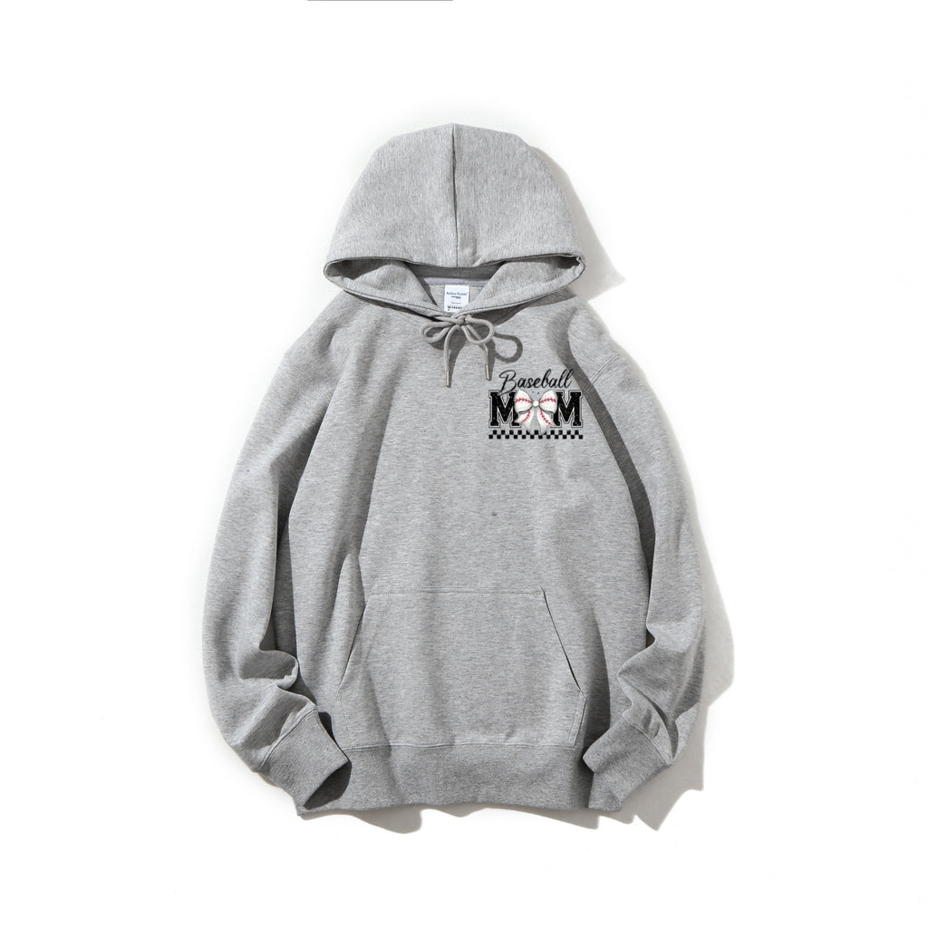 Baseball Mom Hooded Sweatshirt (Short-Sleeve) — Featuring a plaid bow and baseball design, the perfect Mother’s Day gift for game day