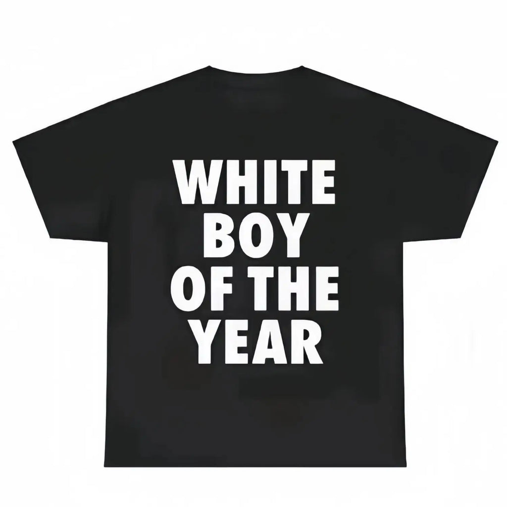 White Boy Of The Year Bold Block Letter Graphic Black T-Shirt