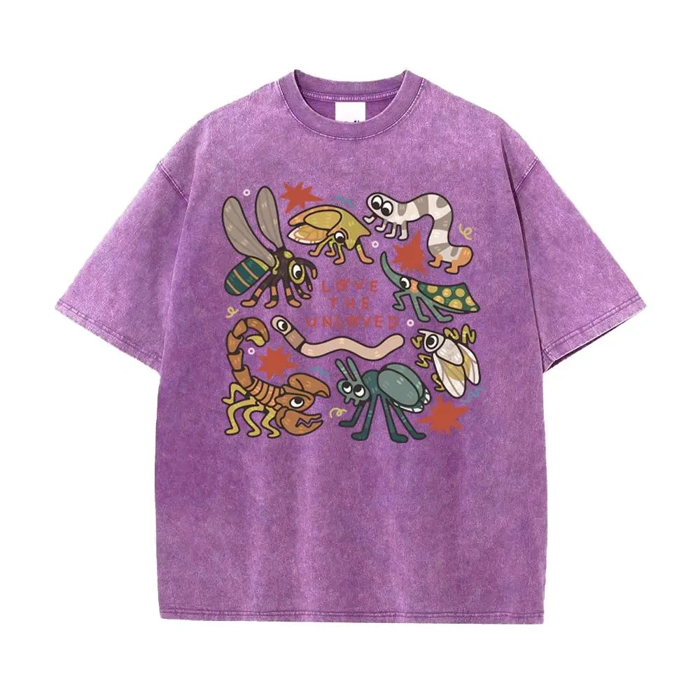 Retro Acid Wash Cute Bug Print Oversized Tee "Love The Unloved" Y2K Street Style T-Shirt for Men & Women