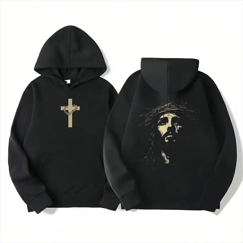Vintage Jesus Thorn Crown Hoodie, Christian Cross Graphic Hooded Sweatshirt, Religious Streetwear Pullover for Men Women
