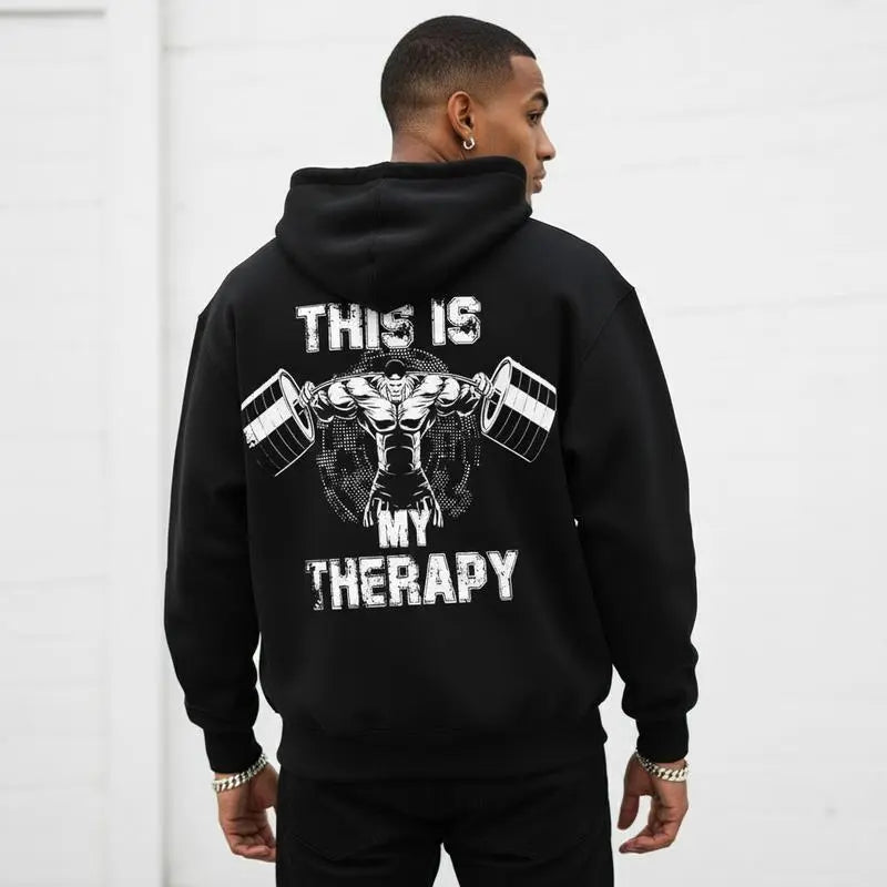 Men's Gym Hoodie This Is My Therapy - Oversized Fitness Workout Hooded Sweatshirt Tee for Bodybuilding & Weightlifting