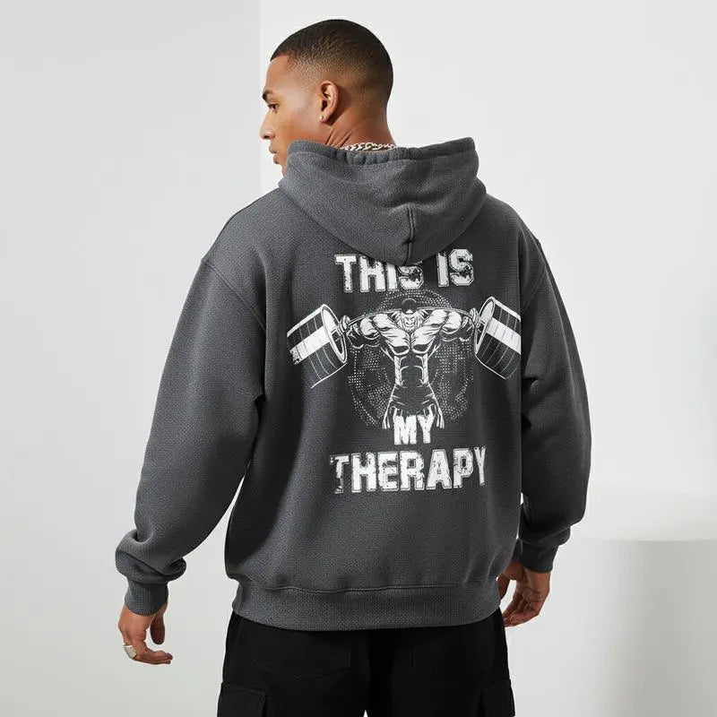 Men's Gym Hoodie This Is My Therapy - Oversized Fitness Workout Hooded Sweatshirt Tee for Bodybuilding & Weightlifting