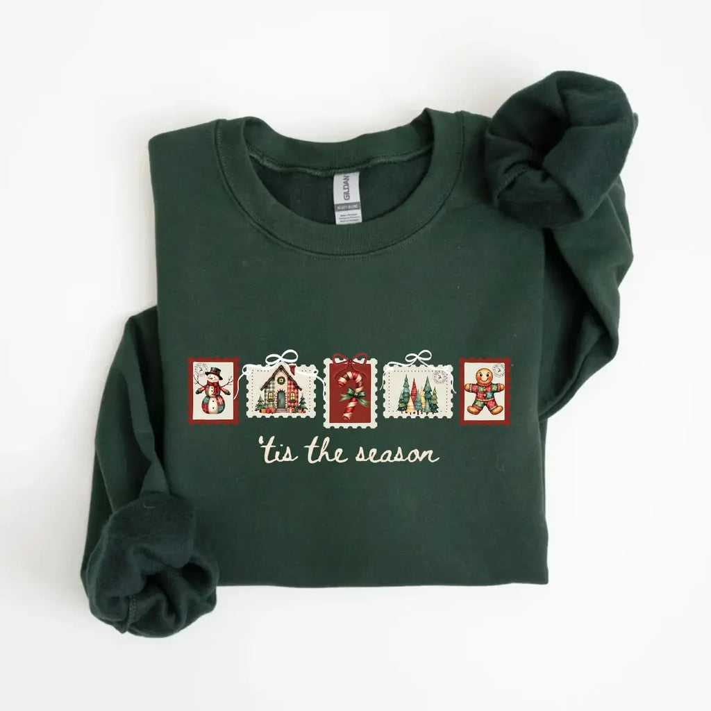 Tis The Season Vintage Christmas Stamp Shirt | Retro Snowman Gingerbread Cabin Graphic Tee, Crewneck & Hoodie