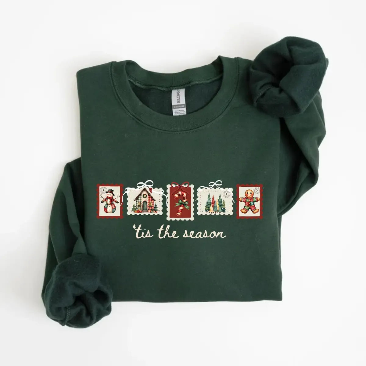 Tis The Season Vintage Christmas Stamp Shirt | Retro Snowman Gingerbread Cabin Graphic Tee, Crewneck & Hoodie