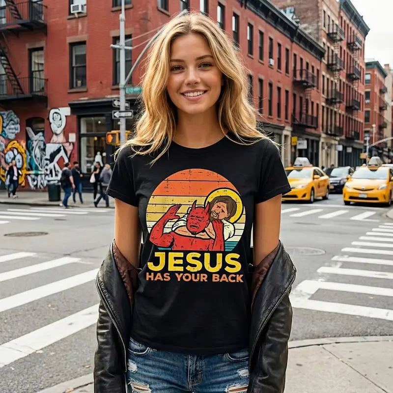 😈 Jesus Has Your Back Funny Retro Tee – Stand Out & Have Fun!