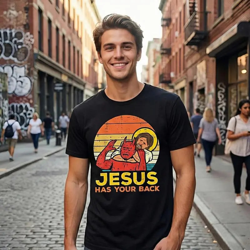 😈 Jesus Has Your Back Funny Retro Tee – Stand Out & Have Fun!