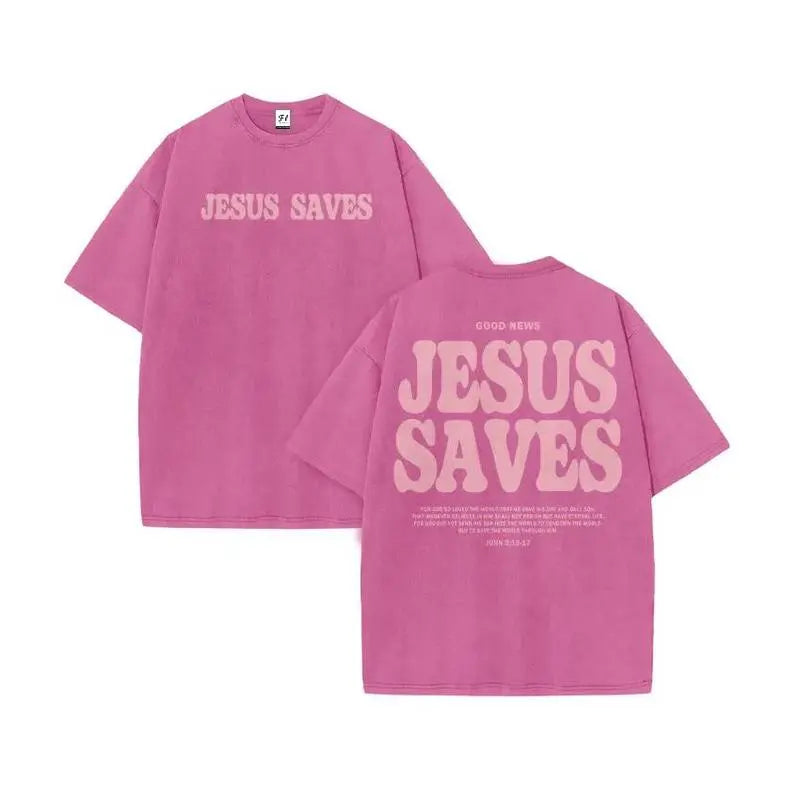 Vintage Washed Jesus Saves Oversized T-Shirt, Retro Christian Faith Graphic Tee, Streetwear Religious Cotton Top
