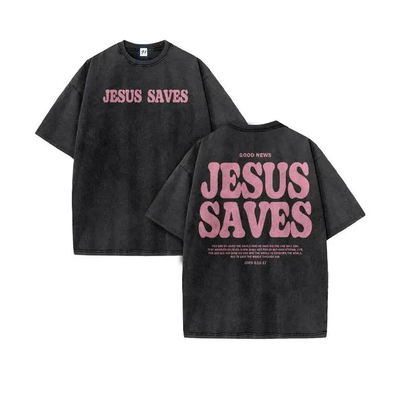 Vintage Washed Jesus Saves Oversized T-Shirt, Retro Christian Faith Graphic Tee, Streetwear Religious Cotton Top