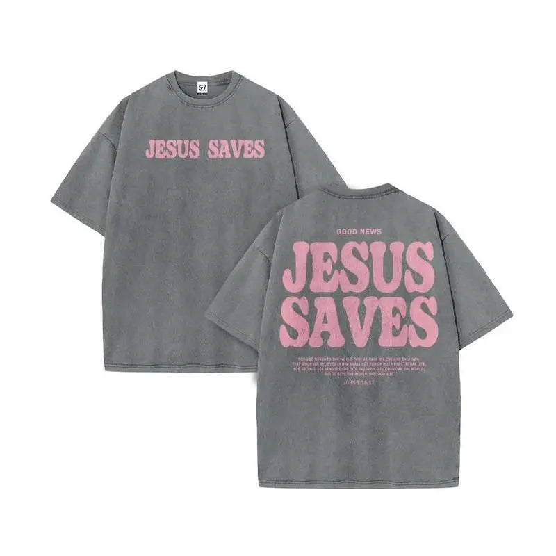 Vintage Washed Jesus Saves Oversized T-Shirt, Retro Christian Faith Graphic Tee, Streetwear Religious Cotton Top