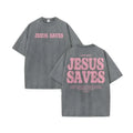 Vintage Washed Jesus Saves Oversized T-Shirt, Retro Christian Faith Graphic Tee, Streetwear Religious Cotton Top
