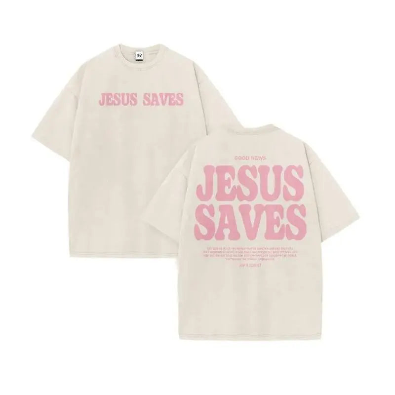 Vintage Washed Jesus Saves Oversized T-Shirt, Retro Christian Faith Graphic Tee, Streetwear Religious Cotton Top