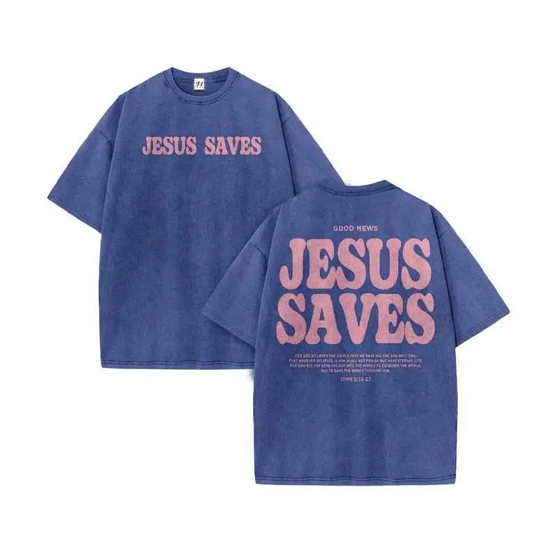 Vintage Washed Jesus Saves Oversized T-Shirt, Retro Christian Faith Graphic Tee, Streetwear Religious Cotton Top