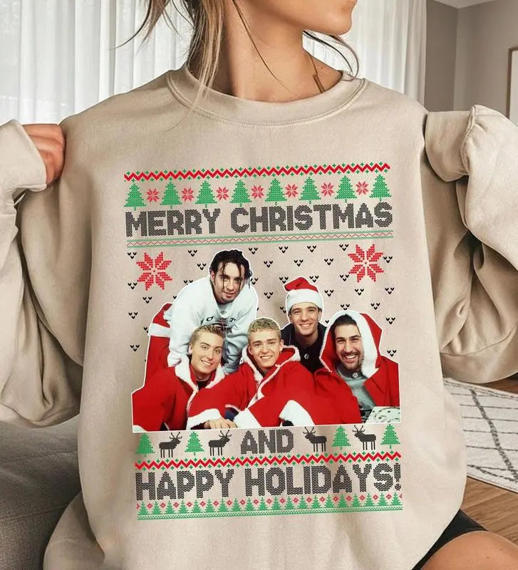 90s Boy Band Ugly Christmas Sweatshirt | Vintage Pop Group Merry Christmas Crewneck | Funny Holiday Ugly Sweater | 90s Nostalgia Gift