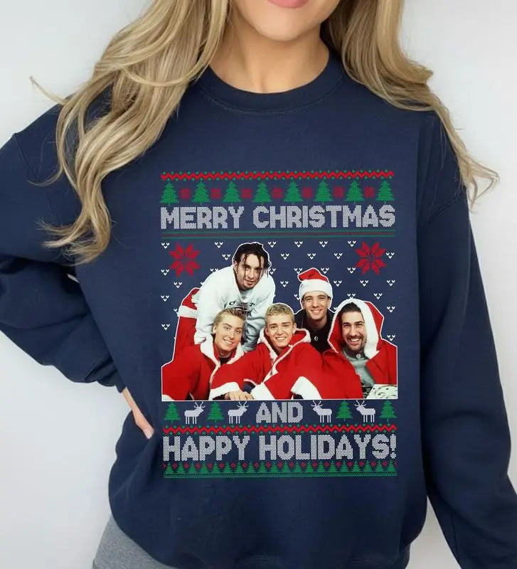 90s Boy Band Ugly Christmas Sweatshirt | Vintage Pop Group Merry Christmas Crewneck | Funny Holiday Ugly Sweater | 90s Nostalgia Gift