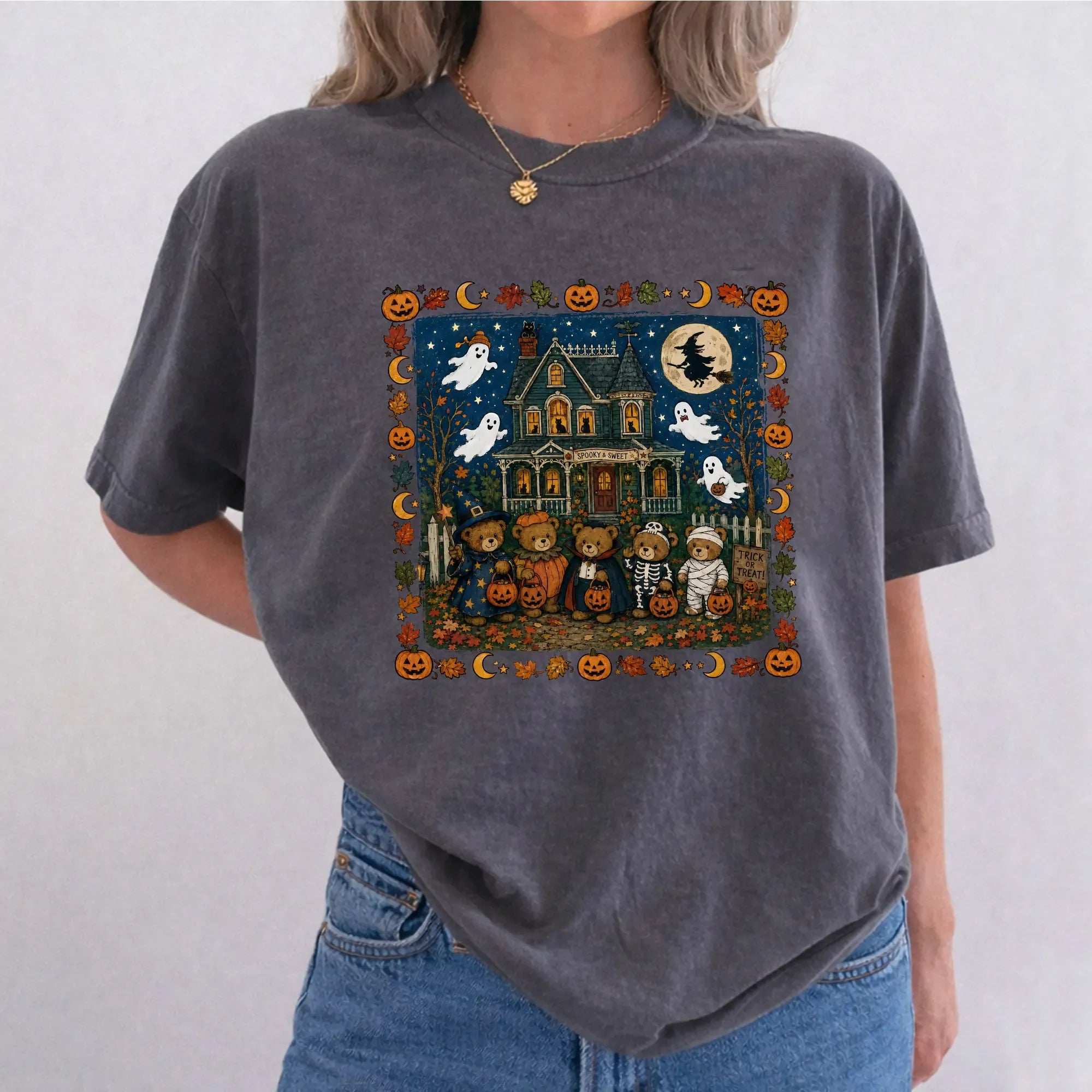 Vintage Teddy Bear Halloween Haunted House Graphic Tee