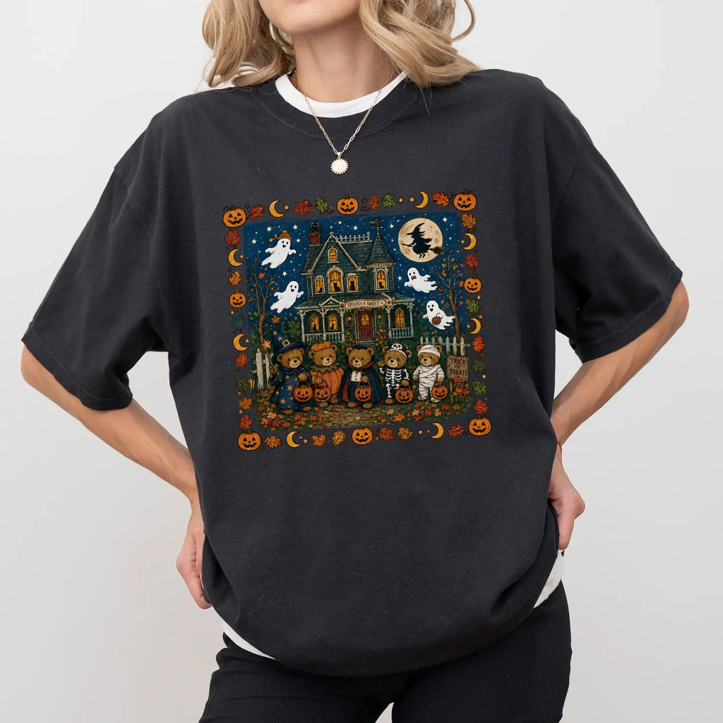 Vintage Teddy Bear Halloween Haunted House Graphic Tee
