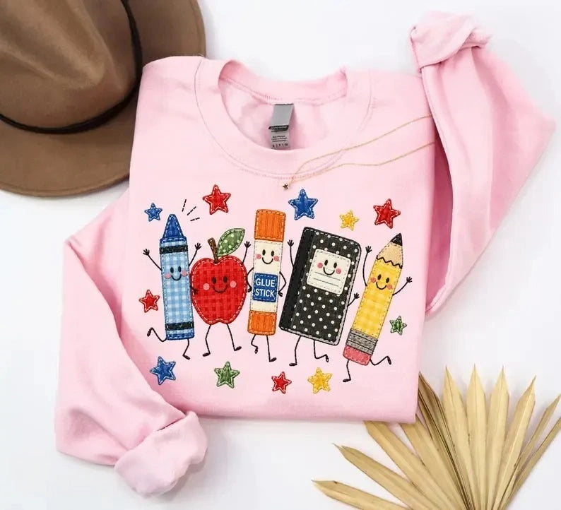 Cute Teacher Sweatshirt | Back to School Apple Crayon Pencil School Supplies Graphic Crewneck Gift for Educators